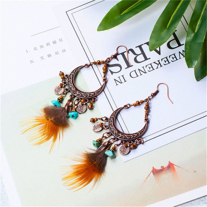 Brown color long feather earrings - 2