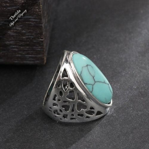 Bohemian Big Ring Antique Silver Color Jewelry Mosaic Oval Natural Stone