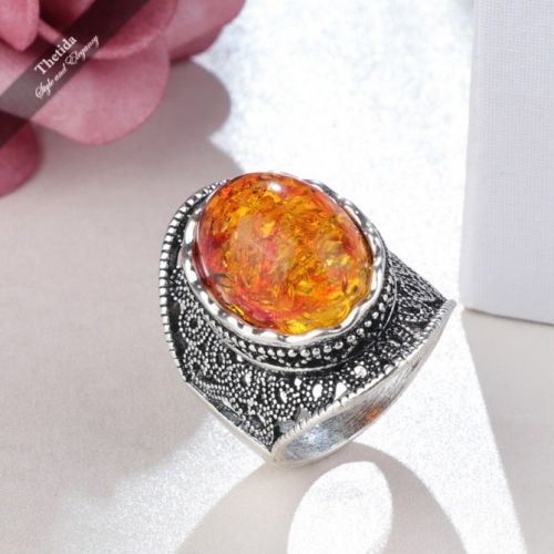 Oval Resin Simulated Ambers Flower Plant Antique Silver Plated Ring
