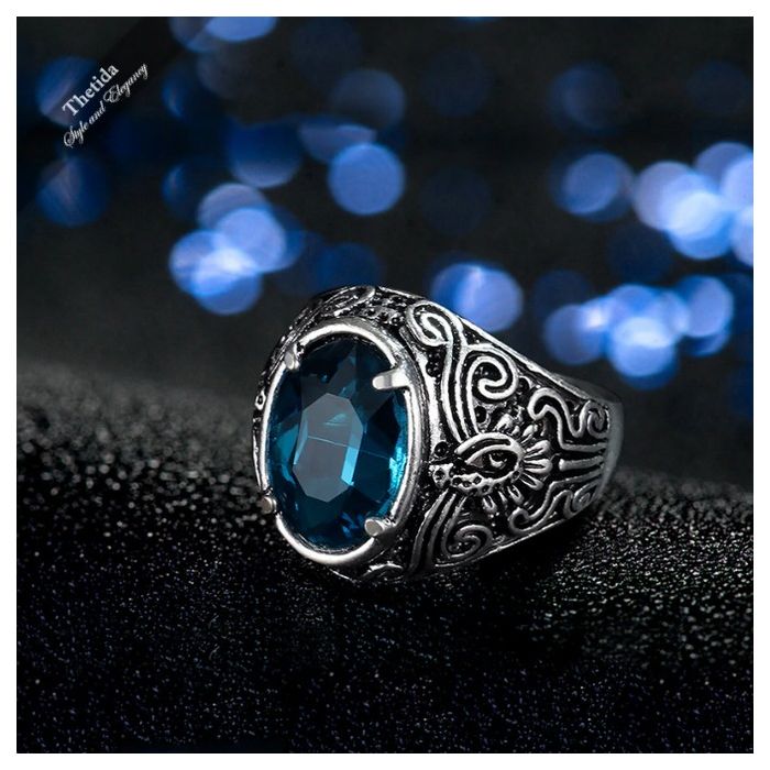 Bohemia Blue Glass Ring Antique Pattern Silver Color