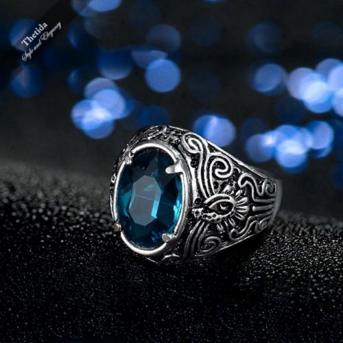 Bohemia Blue Glass Ring Antique Pattern Silver Color