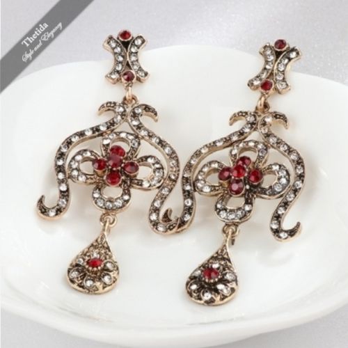 Indian Jewelry Red Crystal Drop Earrings - 1