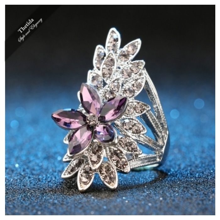 Crystal Flower Ring Purple Glass Silver Plated - 1