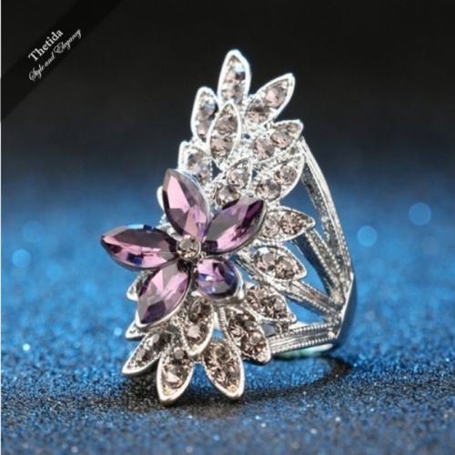 Crystal Flower Ring Purple Glass Silver Plated
