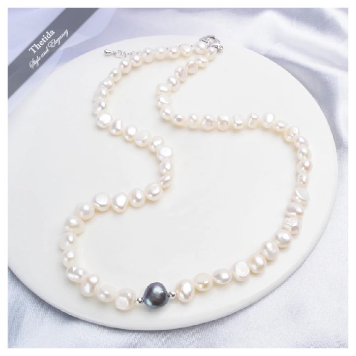 White Freshwater Pearl Necklace with Pure 925 Sterling Silver Beads  45cm Handmade