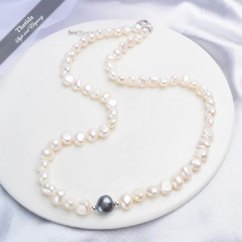 White Freshwater Pearl Necklace with Pure 925 Sterling Silver Beads  45cm Handmade