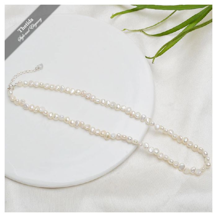 Natural Freshwater Pearl Choker Necklace Baroque 4-5mm / 42cm and 925 Silver Clasp